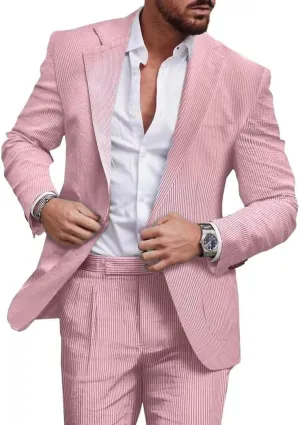 Mens 2-Piece Seersucker Suit Men Beach Wedding Casual Prom Summer Wear Striped Blazer and Pants