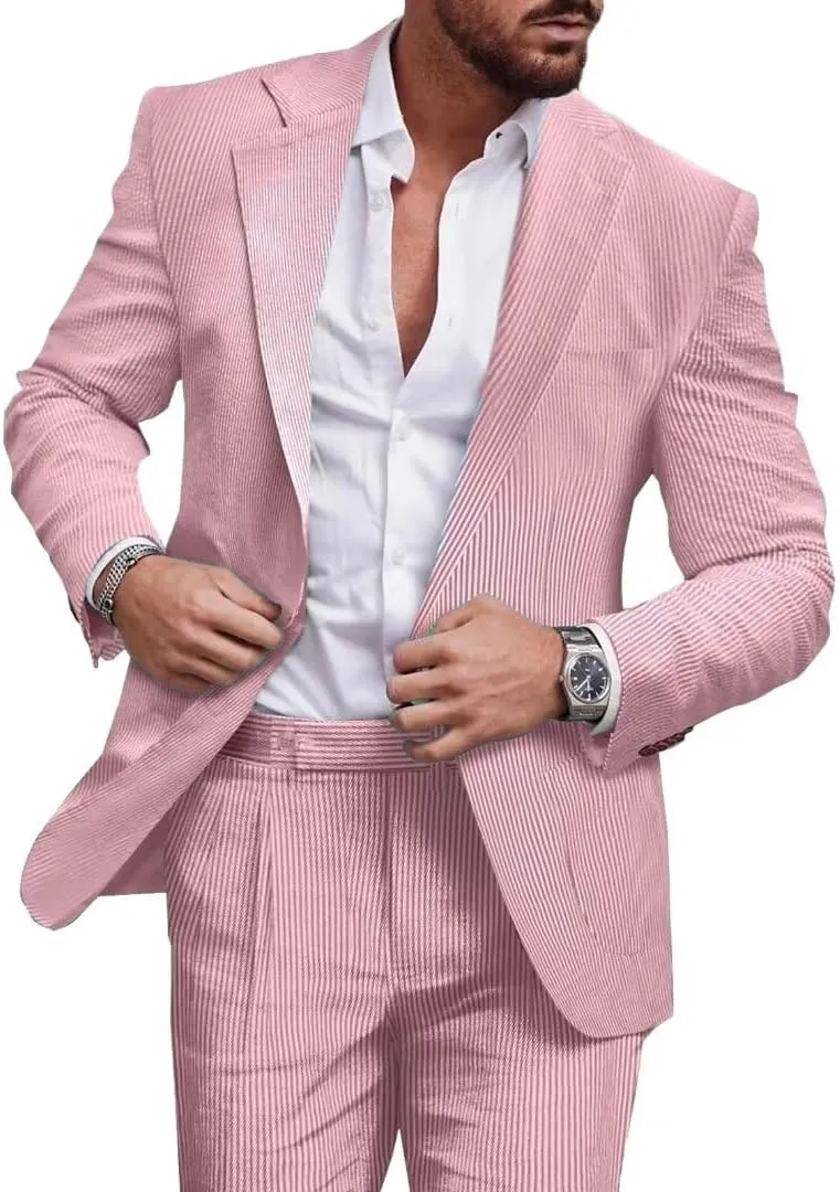 Mens 2-Piece Seersucker Suit Men Beach Wedding Casual Prom Summer Wear Striped Blazer and Pants