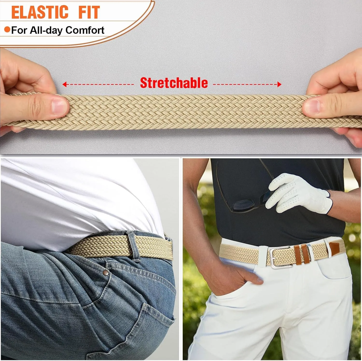 Men's Belt Braided Stretch Belt for Men Golf Pants Casual Shorts Jeans