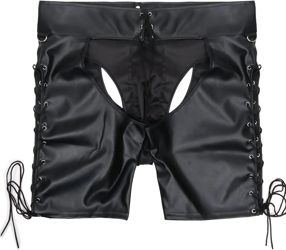 Men's Faux Leather Lace up Open Butt Shorts Short Pants Boxers Briefs