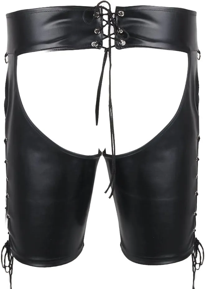 Men's Faux Leather Lace up Open Butt Shorts Short Pants Boxers Briefs