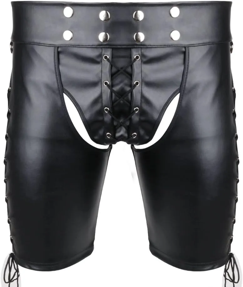 Men's Faux Leather Lace up Open Butt Shorts Short Pants Boxers Briefs