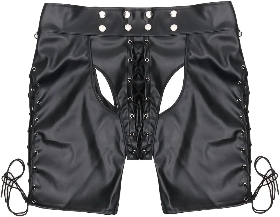 Men's Faux Leather Lace up Open Butt Shorts Short Pants Boxers Briefs