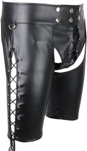 Men's Faux Leather Lace up Open Butt Shorts Short Pants Boxers Briefs