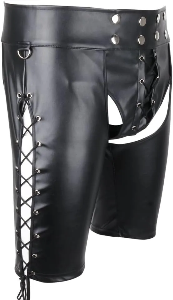 Men's Faux Leather Lace up Open Butt Shorts Short Pants Boxers Briefs