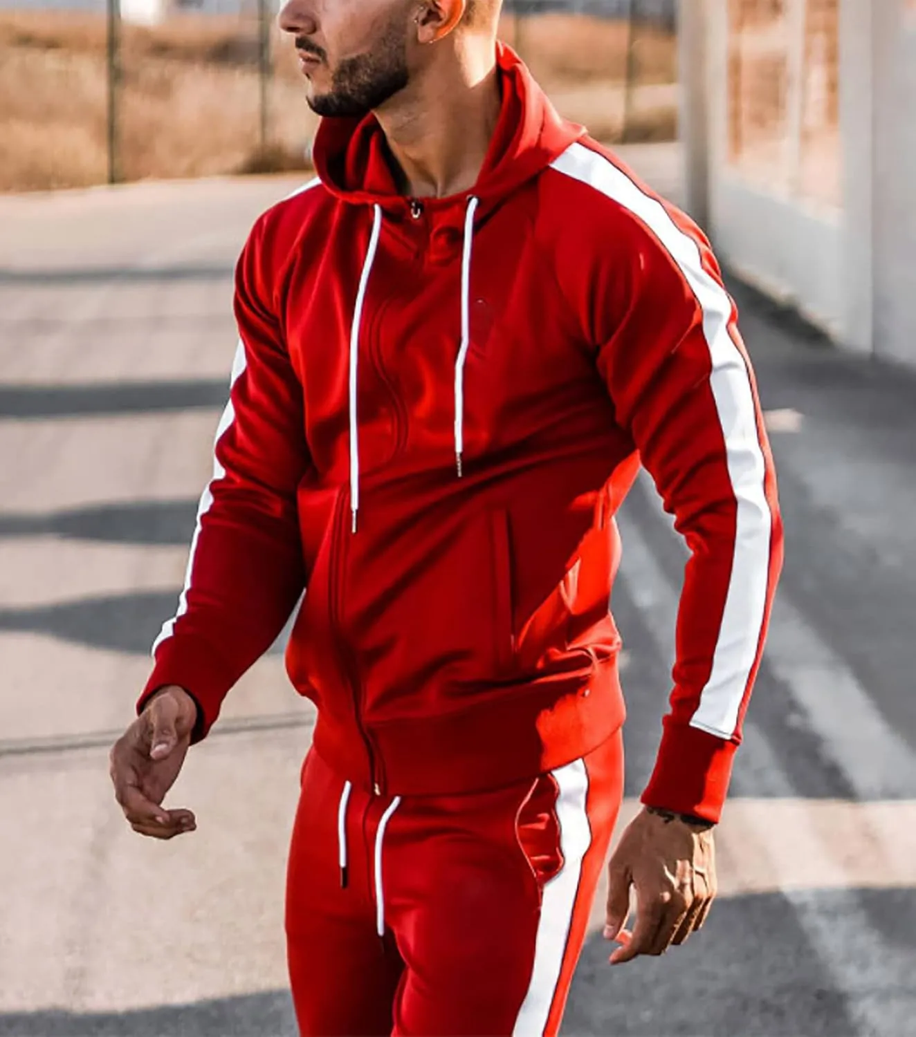 Men's Hooded Sportswear Suit long Sleeve Full Zipper Two-piece Suit Suitable for Running, Jogging, Sports Suit
