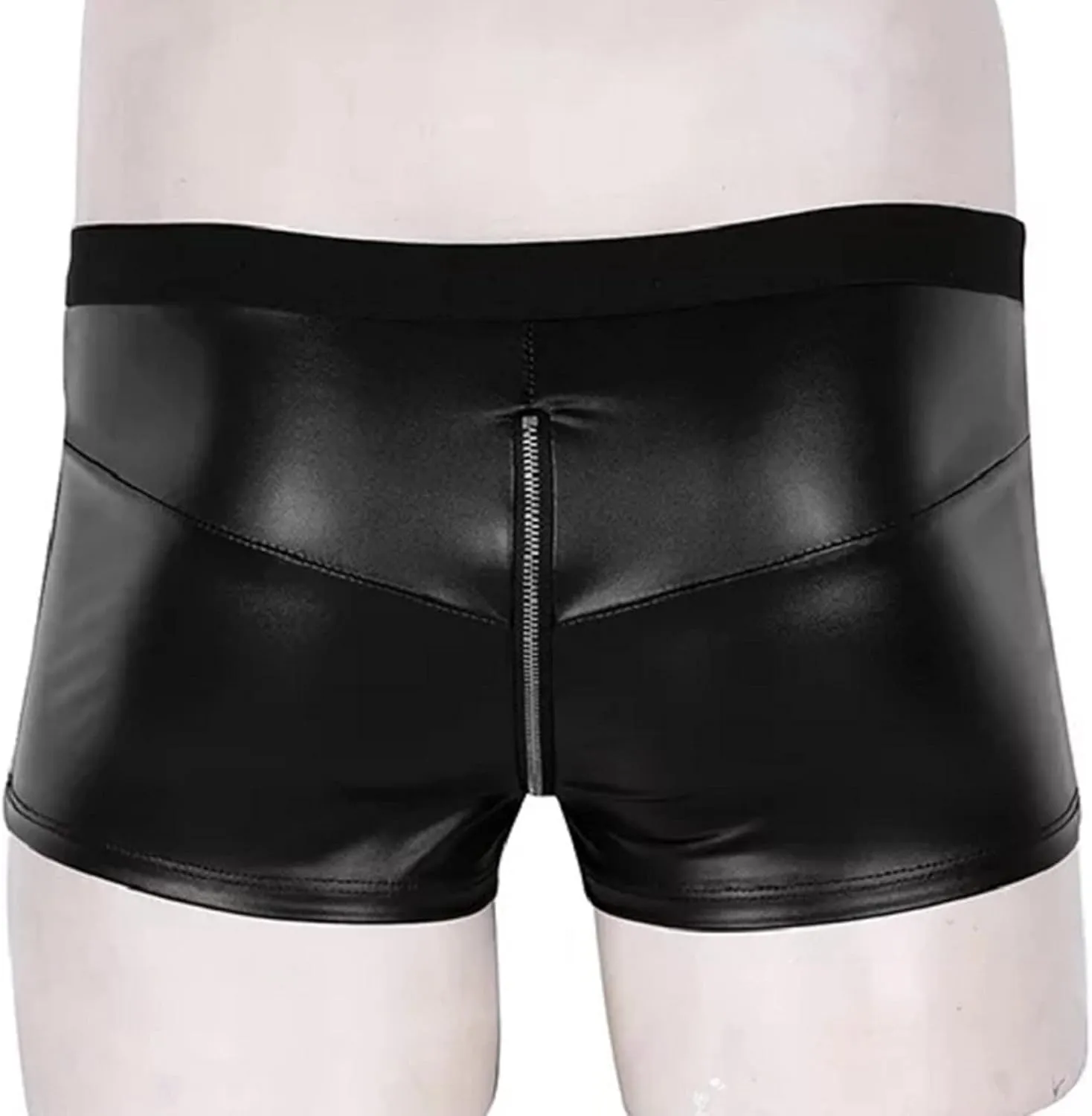 Mens Leather Underwear Sexy Boxer Briefs Front Opening Pouch Low Rise Soft No Show Performance Trunk Lingerie for Men