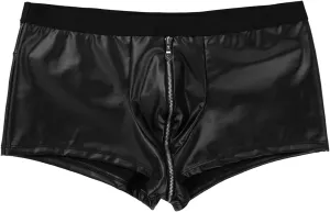 Mens Leather Underwear Sexy Boxer Briefs Front Opening Pouch Low Rise Soft No Show Performance Trunk Lingerie for Men