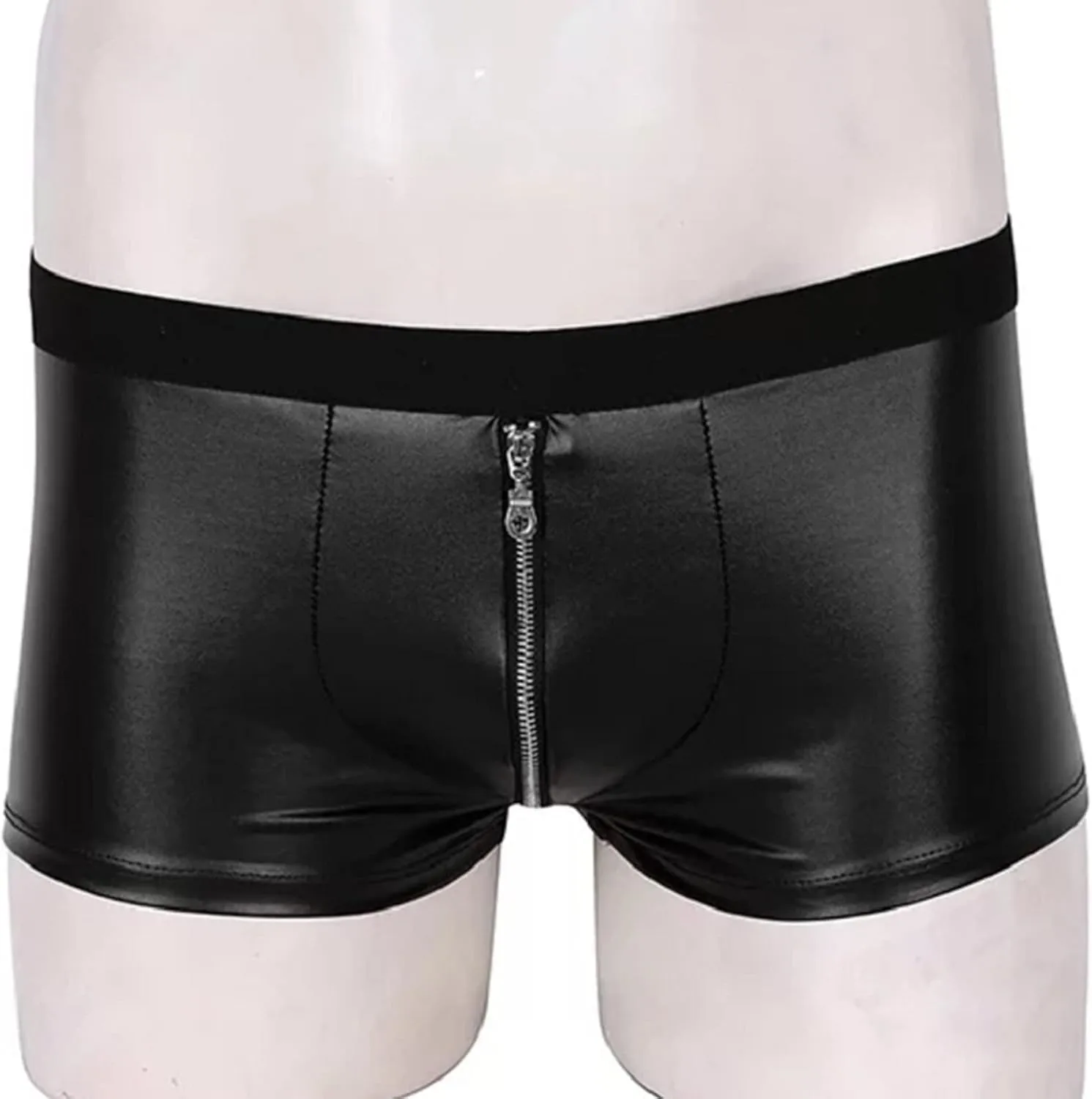 Mens Leather Underwear Sexy Boxer Briefs Front Opening Pouch Low Rise Soft No Show Performance Trunk Lingerie for Men