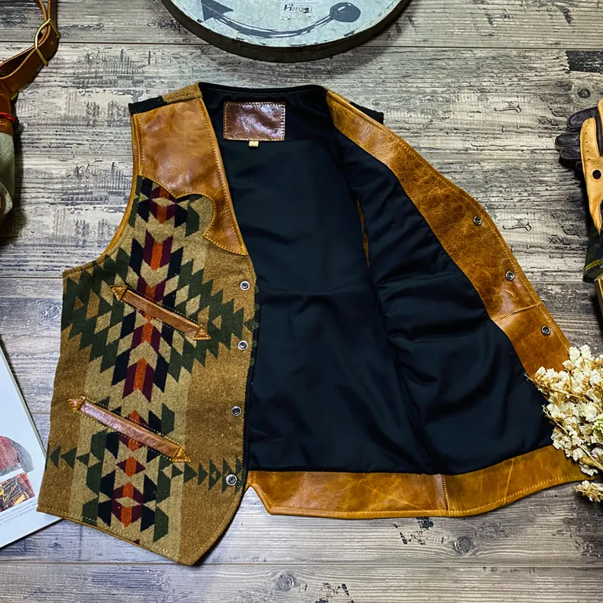 Men’s Navajo Totem Tobacco Waxed Cowhide Western Vest