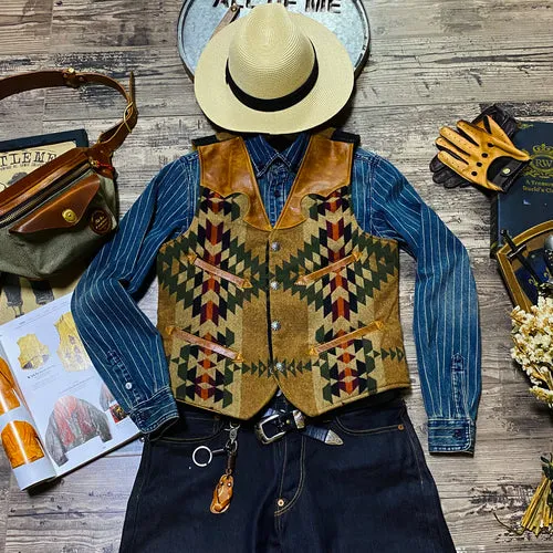 Men’s Navajo Totem Tobacco Waxed Cowhide Western Vest