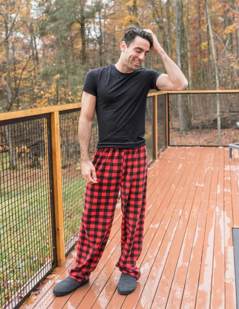 Mens Red & Black Plaid Fleece Pants