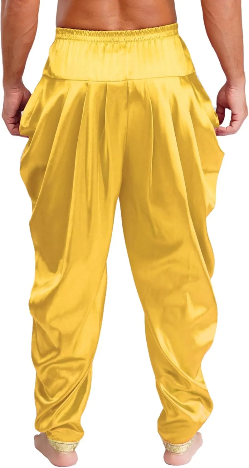 Mens Satin Harem Pants Casual Elastic Waist Pants Baggy Boho Summer Beach Dhoti Trousers