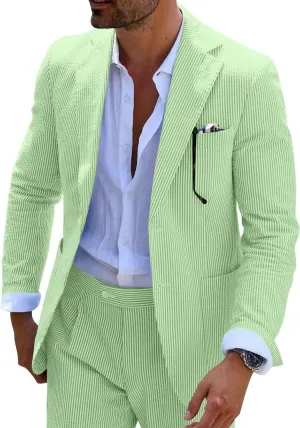 Mens Seersucker Suit Summer 2 Pieces Casual 2 Button Slim Fit Stripe Suits for Men Wedding Party Suit Jacket Pants