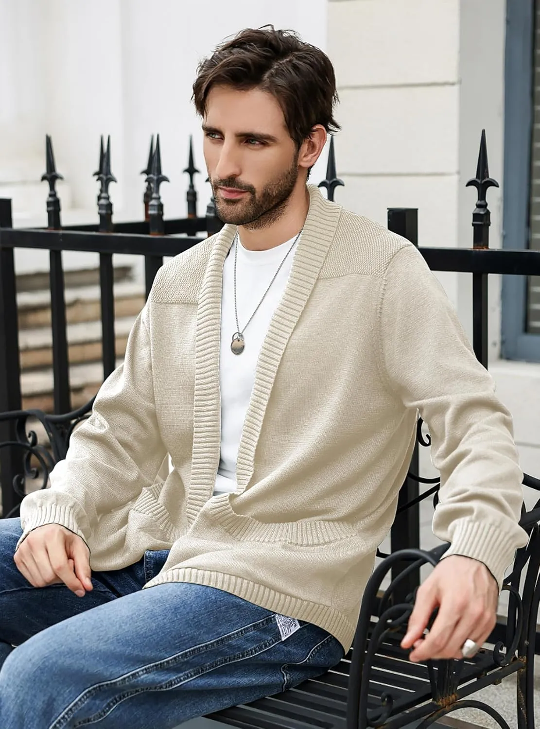 Men's Shawl Collar Long Sleeve Cardigan Knit Open Front with Pockets