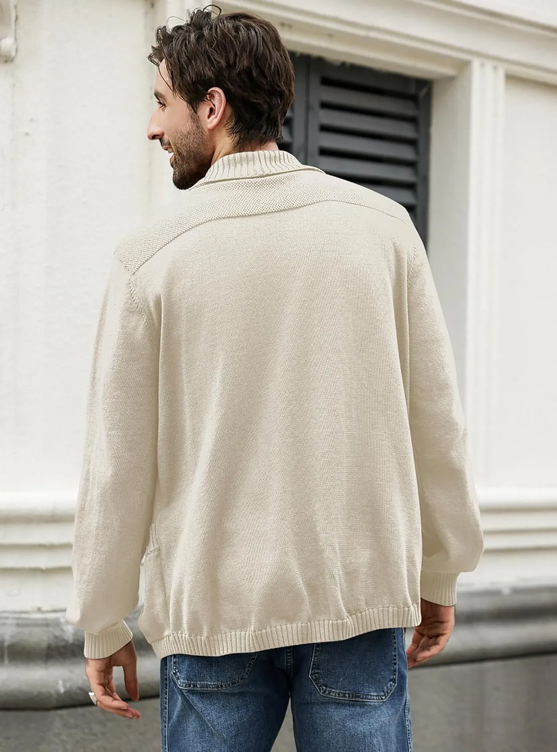 Men's Shawl Collar Long Sleeve Cardigan Knit Open Front with Pockets