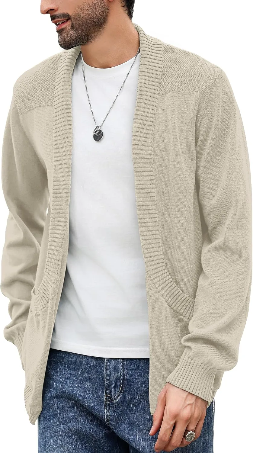Men's Shawl Collar Long Sleeve Cardigan Knit Open Front with Pockets