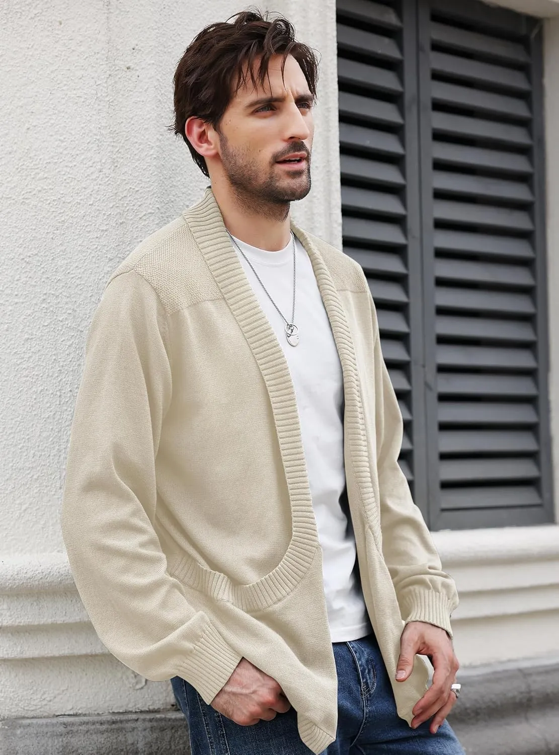 Men's Shawl Collar Long Sleeve Cardigan Knit Open Front with Pockets