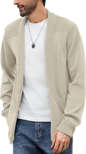 Men's Shawl Collar Long Sleeve Cardigan Knit Open Front with Pockets