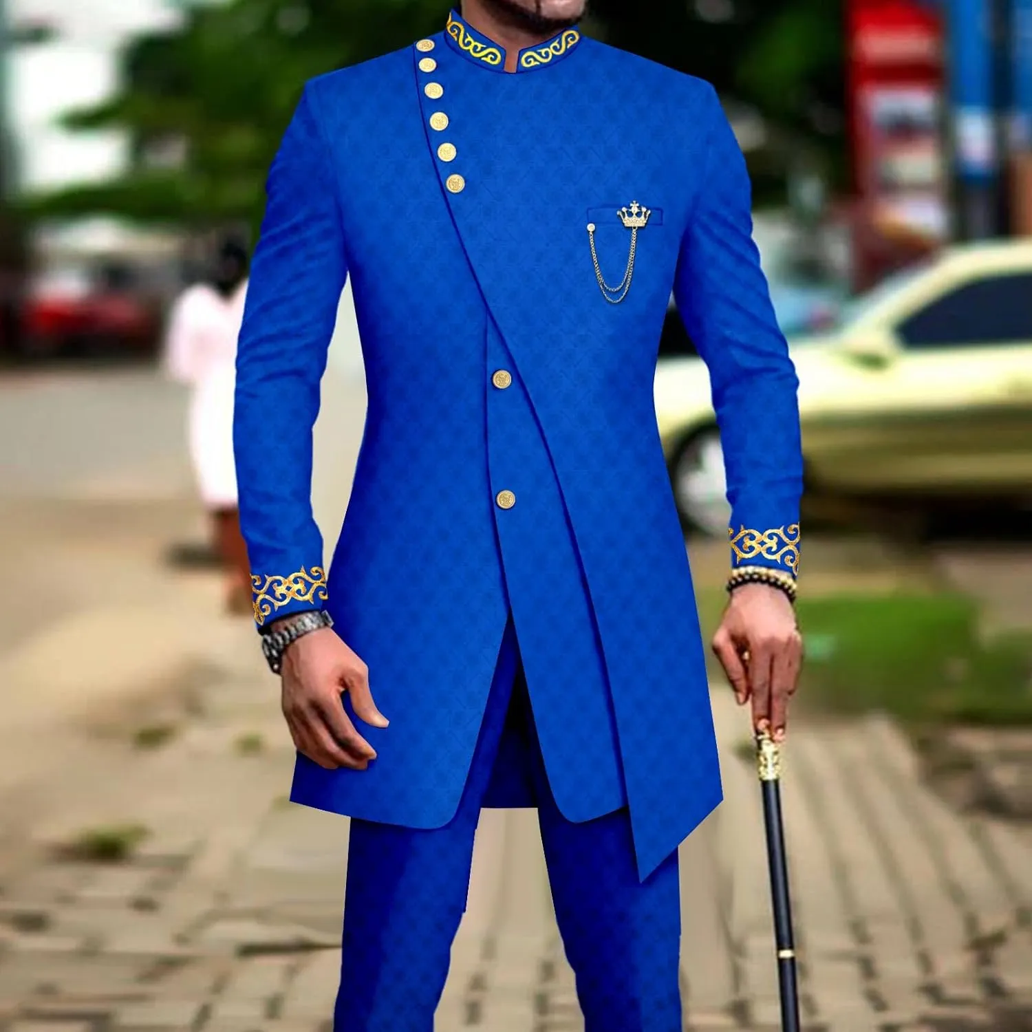 Men`s Suit Double Breasted Slim Fit Embroidery Chain Blazer and Pants Set Dashiki Outfits African Clothes