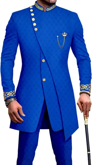 Men`s Suit Double Breasted Slim Fit Embroidery Chain Blazer and Pants Set Dashiki Outfits African Clothes