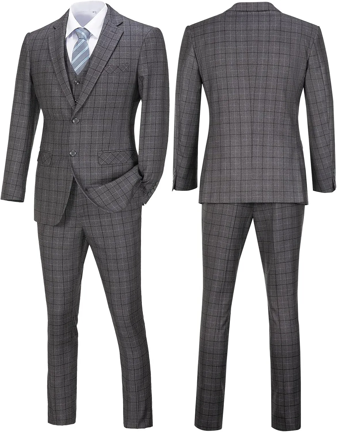 Mens Suit Plaid Slim Fit 3 Pieces Checked Casual Tuxedo Formal Suits for Men Wedding Business Party Blazer Vest Pants Set