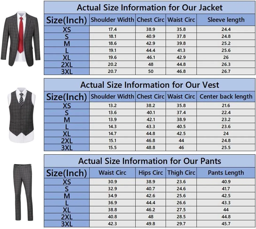 Mens Suit Plaid Slim Fit 3 Pieces Checked Casual Tuxedo Formal Suits for Men Wedding Business Party Blazer Vest Pants Set