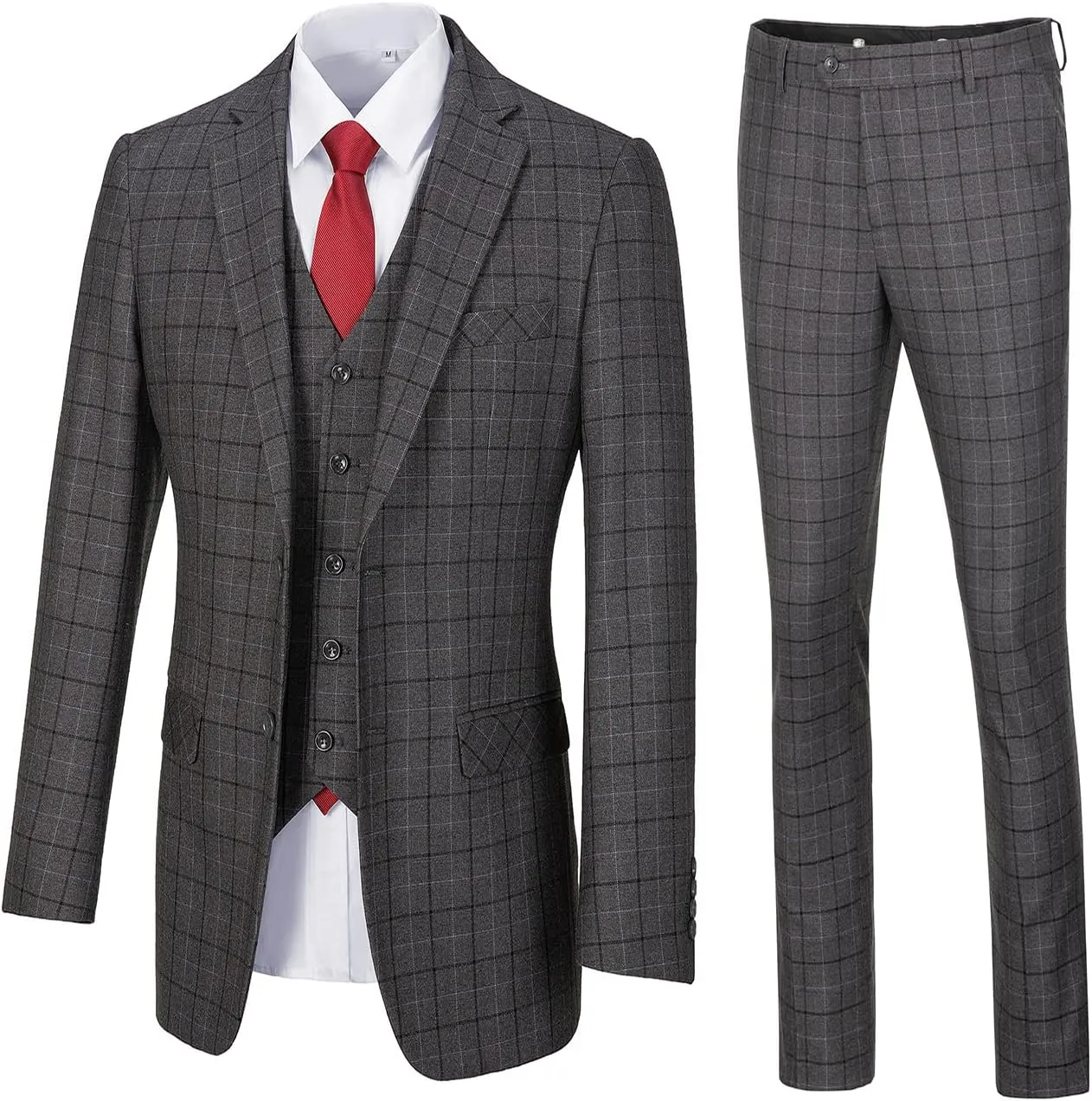 Mens Suit Plaid Slim Fit 3 Pieces Checked Casual Tuxedo Formal Suits for Men Wedding Business Party Blazer Vest Pants Set