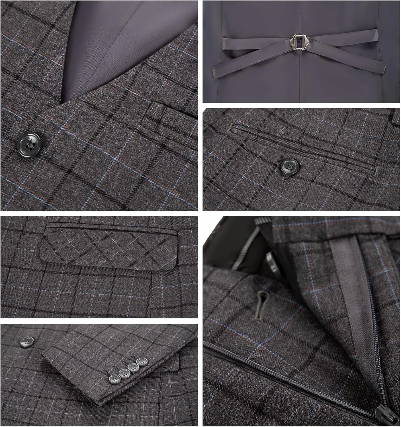Mens Suit Plaid Slim Fit 3 Pieces Checked Casual Tuxedo Formal Suits for Men Wedding Business Party Blazer Vest Pants Set