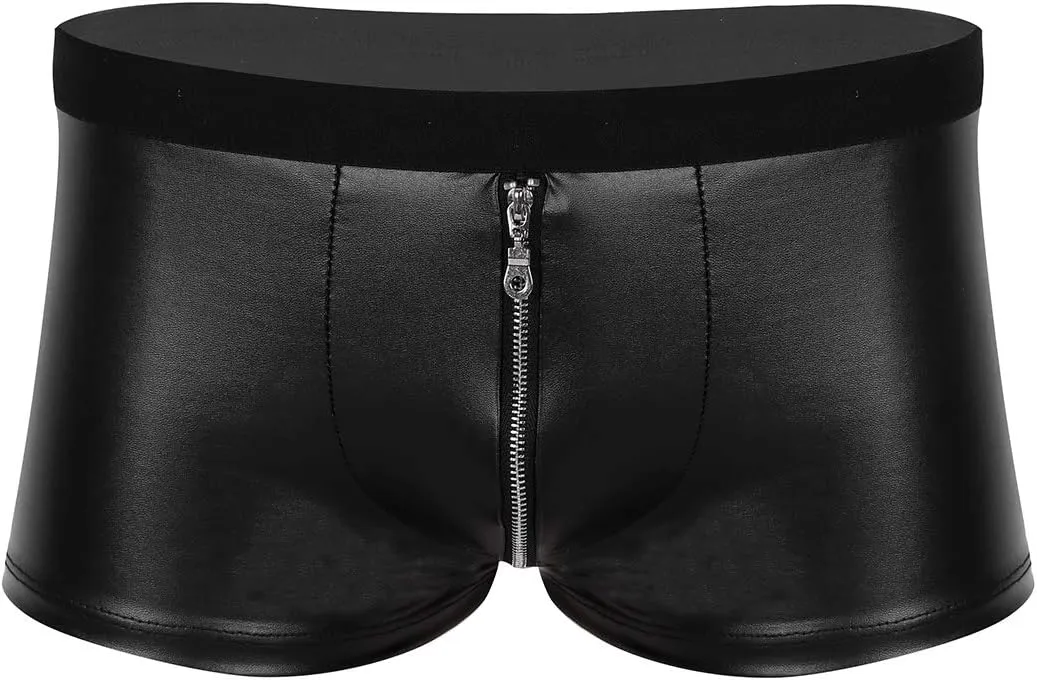 Men's Wet Look PVC Leather Hot Pants Zippered Shorts Bulge Pouch Boxer Briefs Underwear