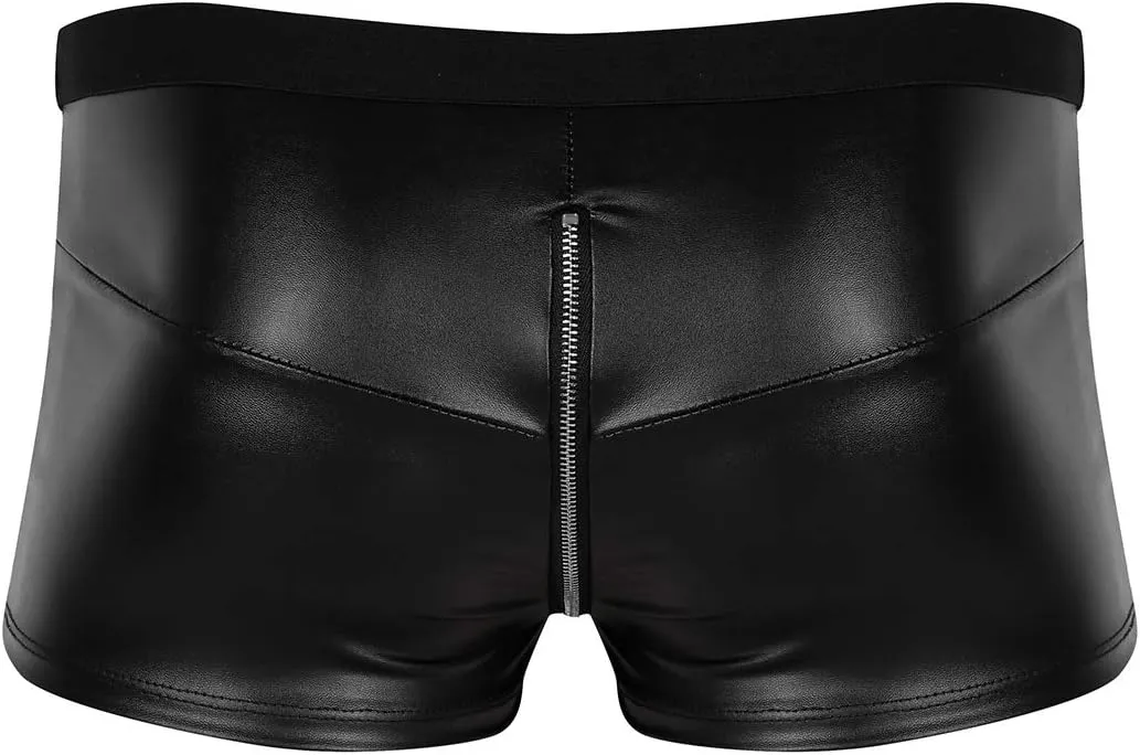 Men's Wet Look PVC Leather Hot Pants Zippered Shorts Bulge Pouch Boxer Briefs Underwear