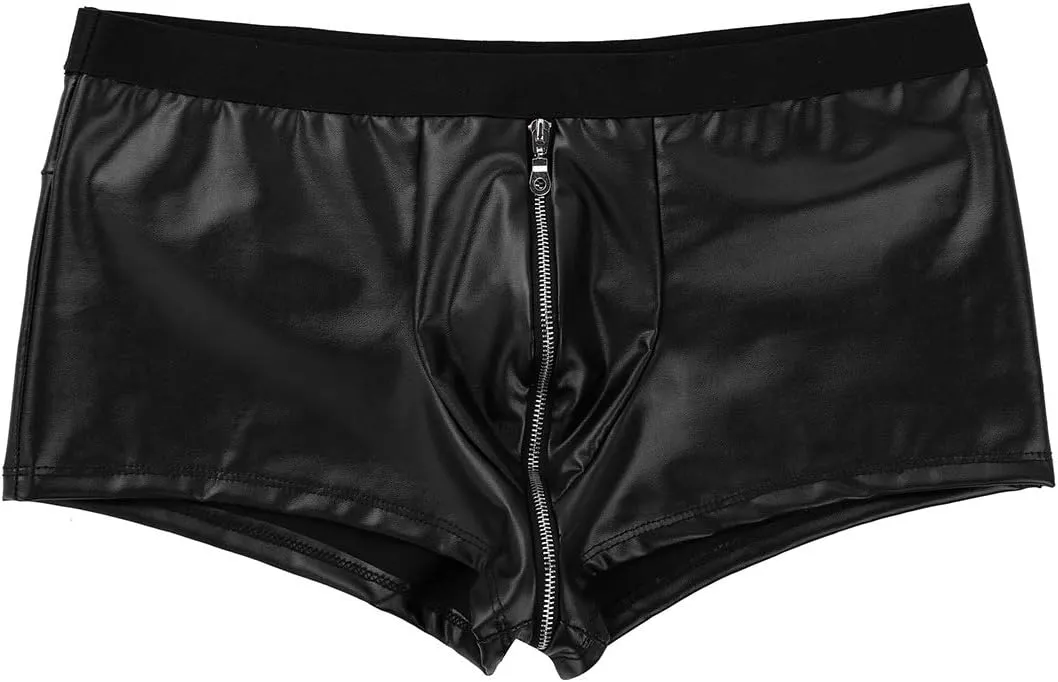 Men's Wet Look PVC Leather Hot Pants Zippered Shorts Bulge Pouch Boxer Briefs Underwear