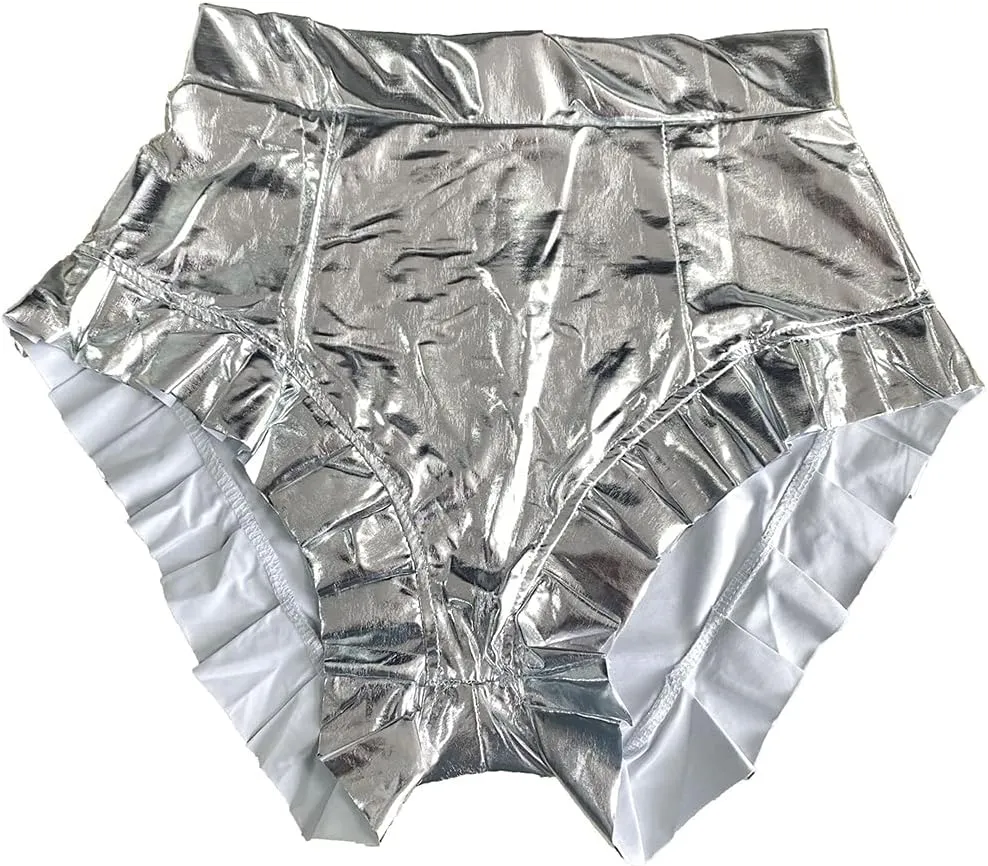MESLIMA Women's Fashion Metallic Pants Shiny Pants Yoga Sparkly Elastic Waist Rave Ruffle Shorts