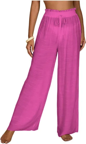 Milumia Women's Summer Linen Bathing Suit Cover Up Swim Beach Pants Sheer Wide Leg Swimsuit Coverup Pants