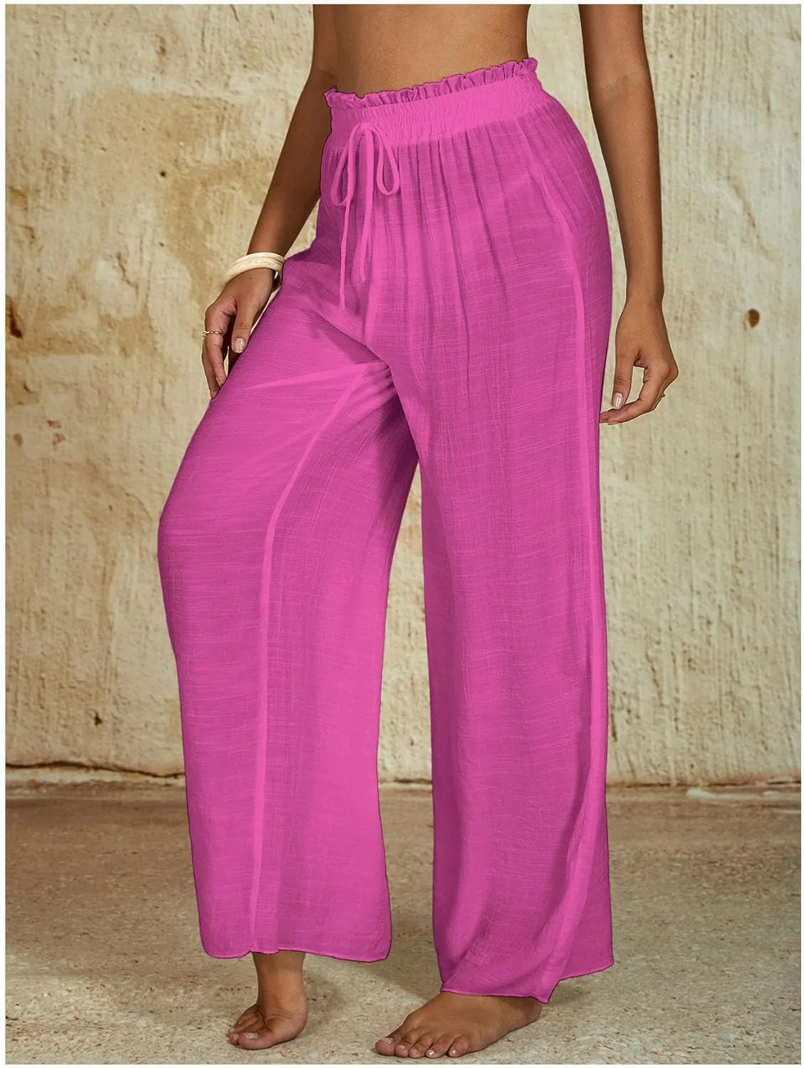 Milumia Women's Summer Linen Bathing Suit Cover Up Swim Beach Pants Sheer Wide Leg Swimsuit Coverup Pants
