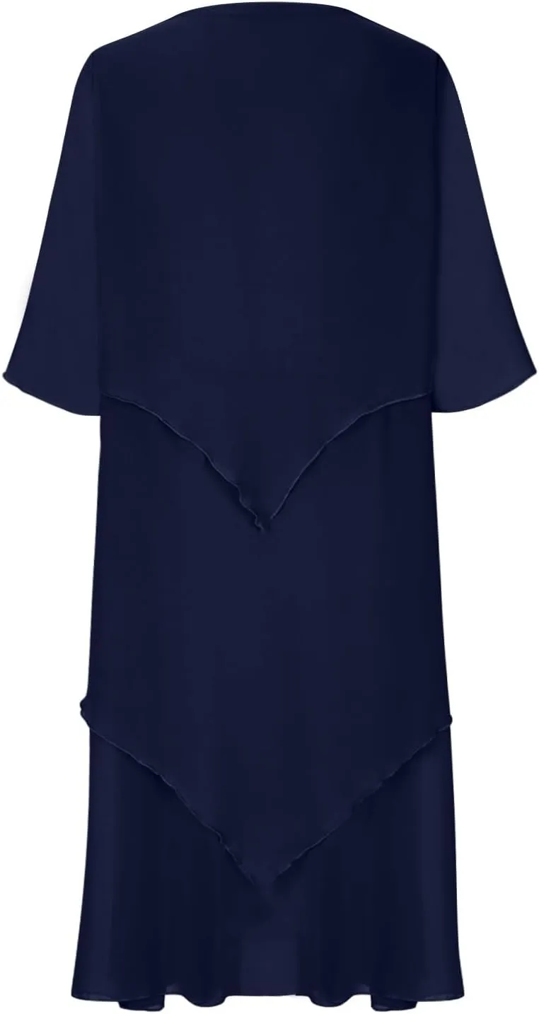 Mother of The Bride Dresses for Wedding 2025 Plus Size 3/4 Sleeve Crewneck Solid Tiered Chiffon Casual Midi Dress