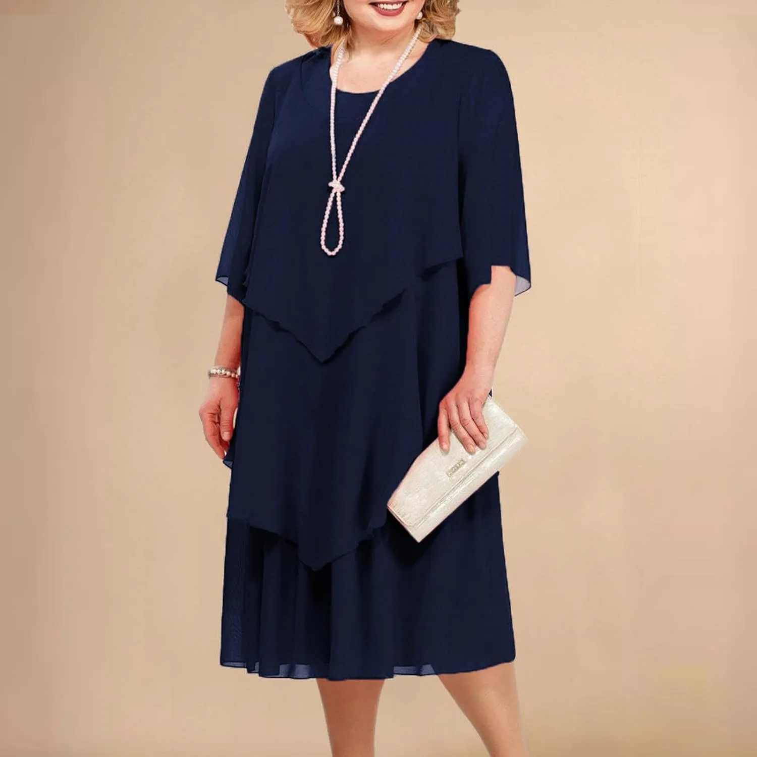 Mother of The Bride Dresses for Wedding 2025 Plus Size 3/4 Sleeve Crewneck Solid Tiered Chiffon Casual Midi Dress