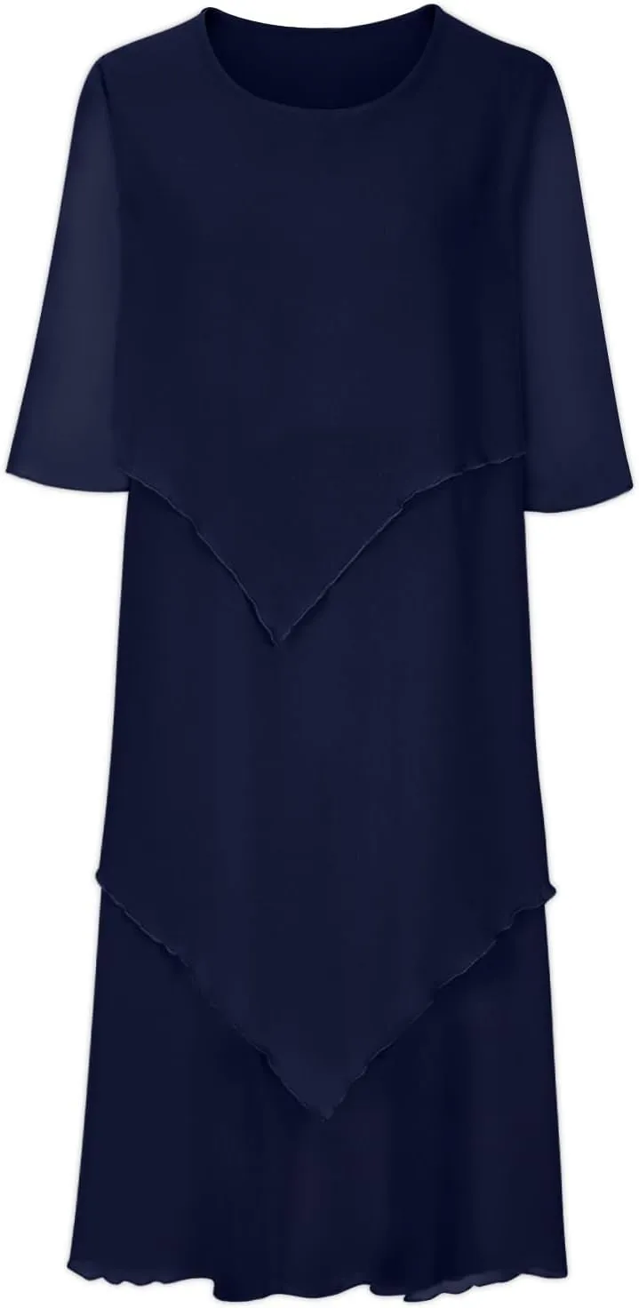 Mother of The Bride Dresses for Wedding 2025 Plus Size 3/4 Sleeve Crewneck Solid Tiered Chiffon Casual Midi Dress