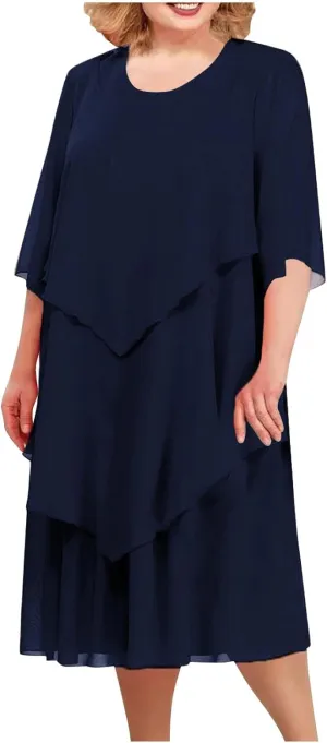 Mother of The Bride Dresses for Wedding 2025 Plus Size 3/4 Sleeve Crewneck Solid Tiered Chiffon Casual Midi Dress