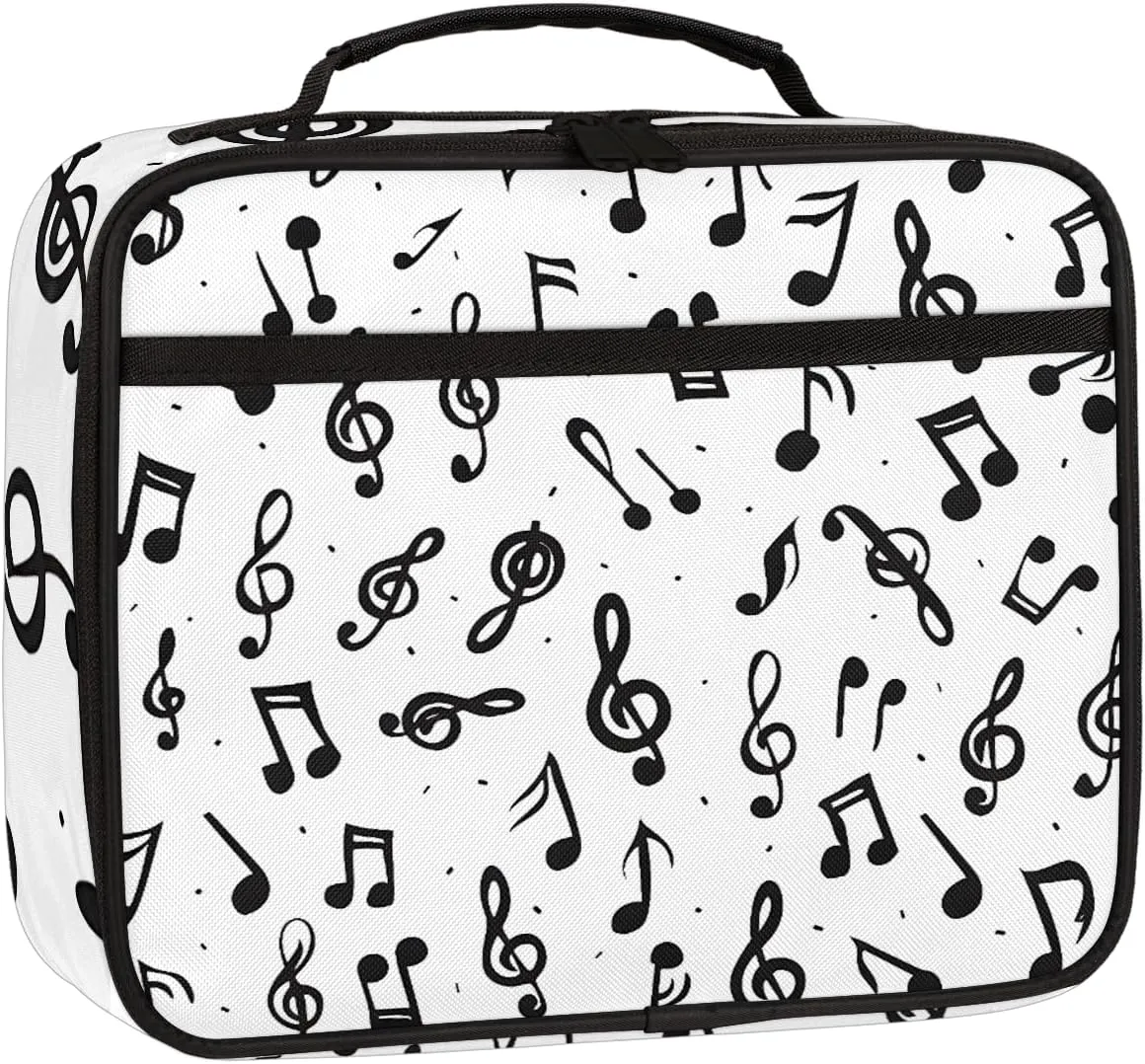 Music Notes Square Lunch Bag Black and White Square Tote Lunch Bag Reusable Lunch Box Leakproof Cooler Bag