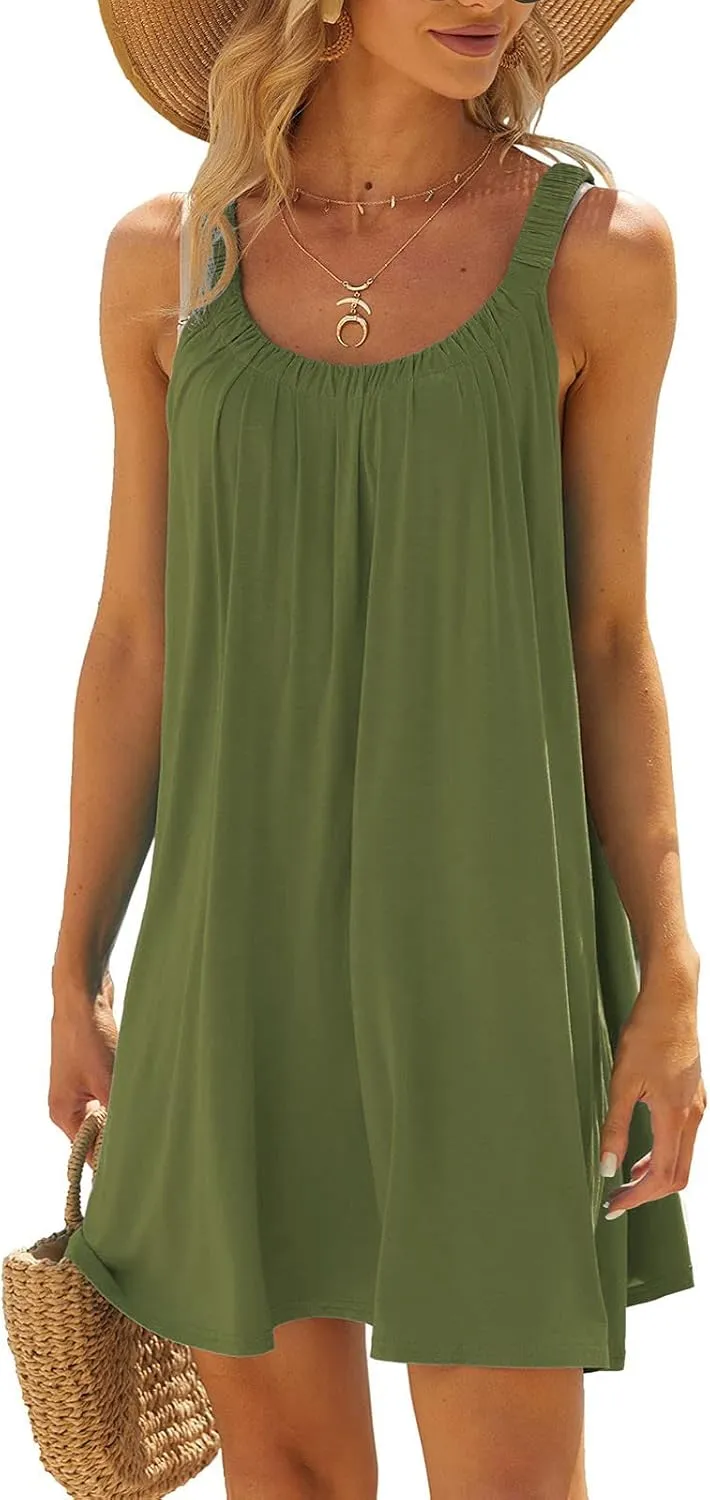 NaRHbrg Summer Dresses for Women 2025 Casual Pleated Tank Sundress Loose Beach Vacation Crew Neck Sleeveless Mini Dress