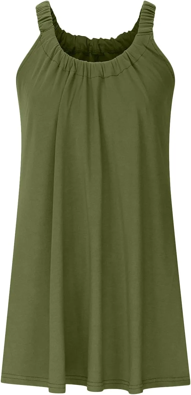 NaRHbrg Summer Dresses for Women 2025 Casual Pleated Tank Sundress Loose Beach Vacation Crew Neck Sleeveless Mini Dress