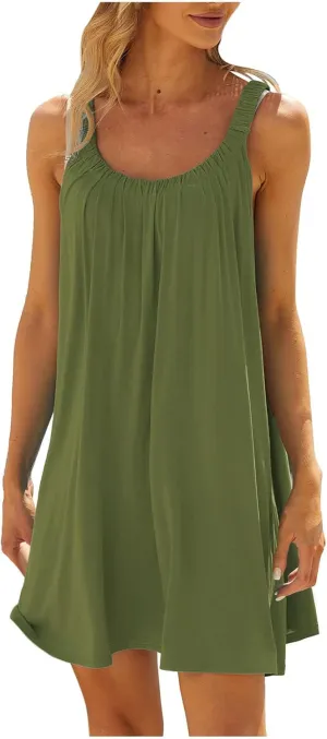 NaRHbrg Summer Dresses for Women 2025 Casual Pleated Tank Sundress Loose Beach Vacation Crew Neck Sleeveless Mini Dress