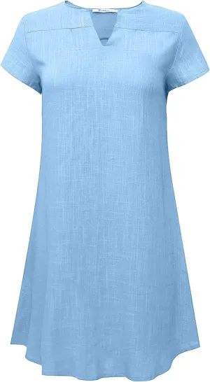 NaRHbrg Women's Linen T Shirt Dress Short Sleeve Casual Loose Fit Summer Dresses with Pockets Lightweight Beach Sundress