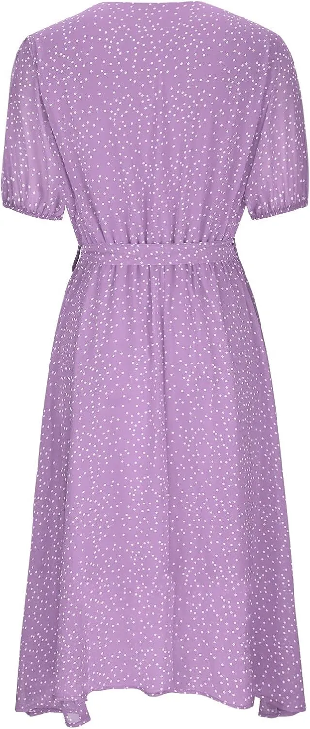 NaRHbrg Women's Polka Dot Midi Dress Short Sleeve V-Neck Elastic Waist Casual Flowy Summer Dresses Sundress