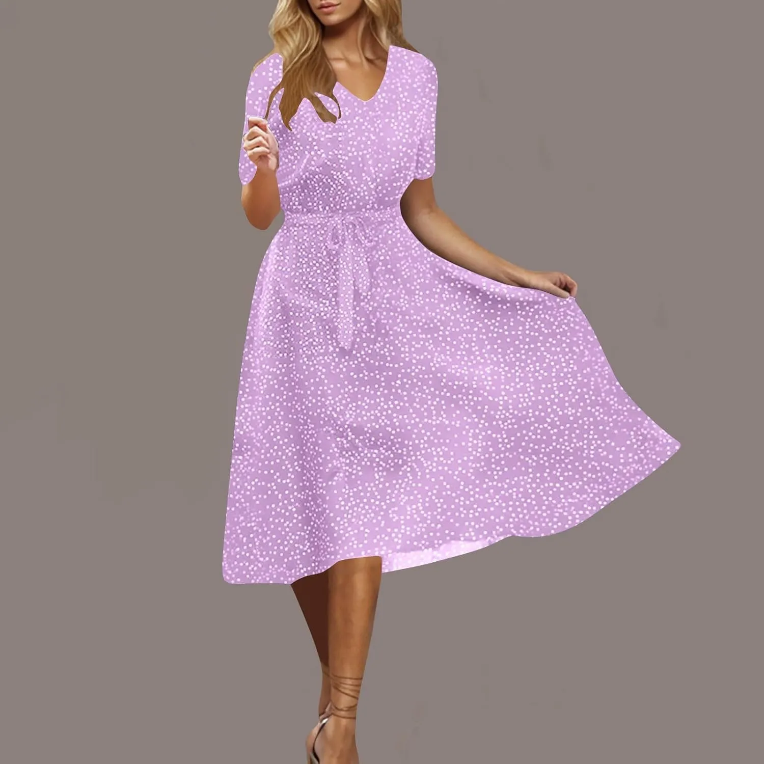 NaRHbrg Women's Polka Dot Midi Dress Short Sleeve V-Neck Elastic Waist Casual Flowy Summer Dresses Sundress