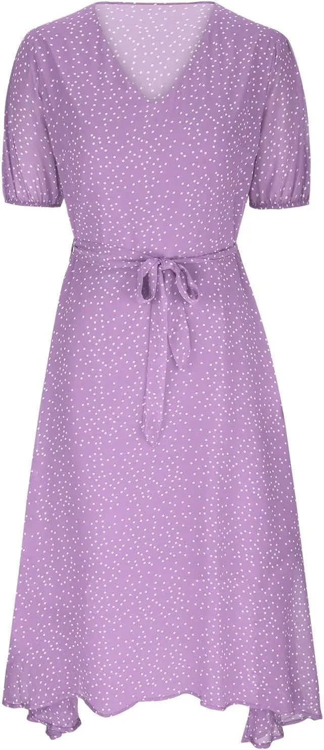 NaRHbrg Women's Polka Dot Midi Dress Short Sleeve V-Neck Elastic Waist Casual Flowy Summer Dresses Sundress