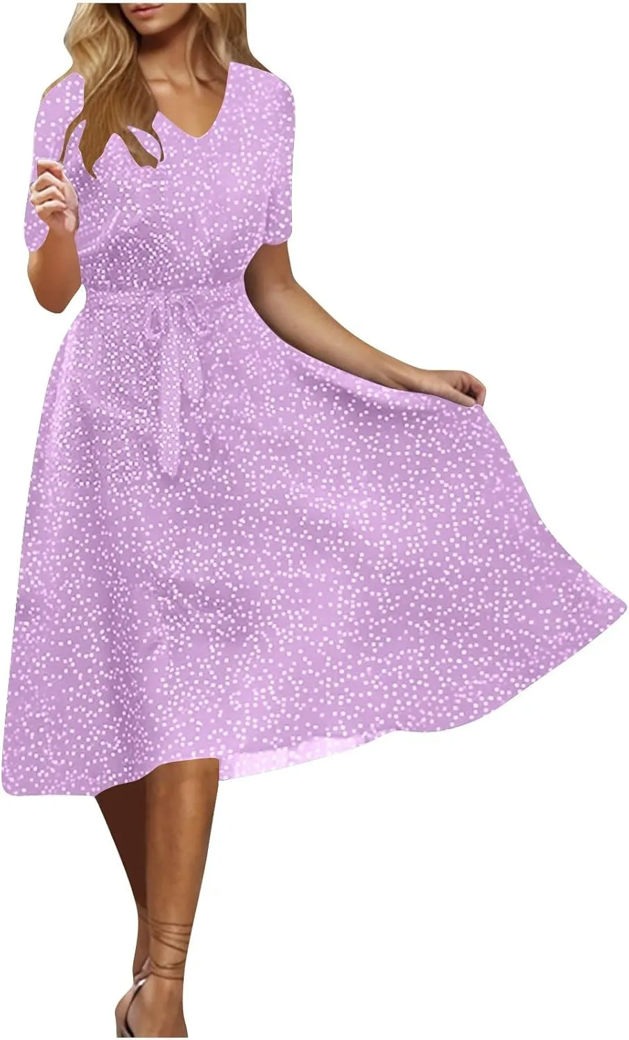 NaRHbrg Women's Polka Dot Midi Dress Short Sleeve V-Neck Elastic Waist Casual Flowy Summer Dresses Sundress