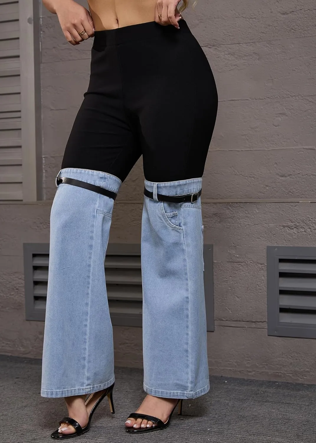 Nihsatin Women's Two Tone Denim Patchwork Flared Pants High Waisted Color Block Bell Bottom Jeans Pants