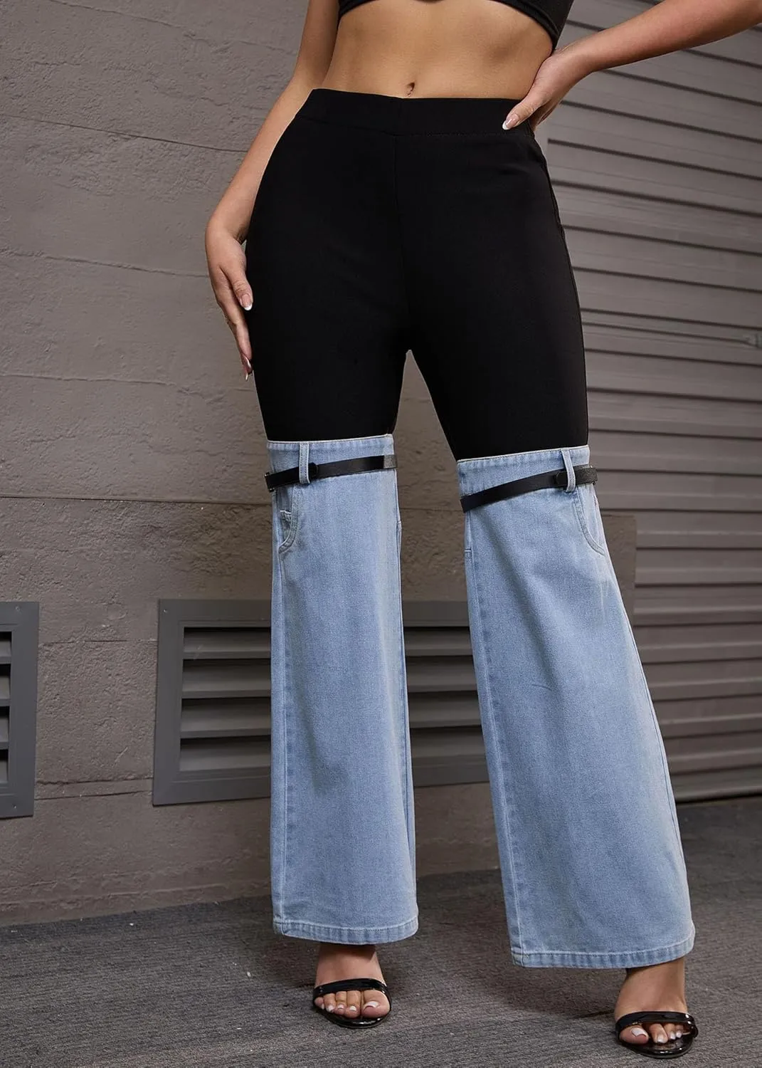 Nihsatin Women's Two Tone Denim Patchwork Flared Pants High Waisted Color Block Bell Bottom Jeans Pants